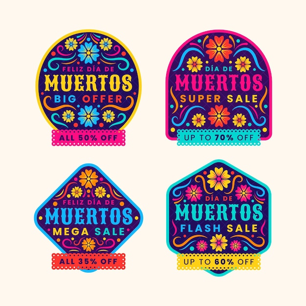 Free Vector hand drawn flat dia de muertos sale labels collection