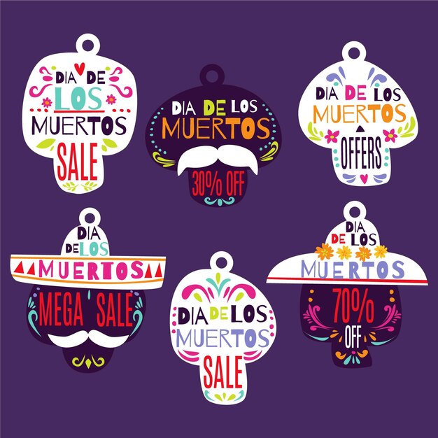 Hand drawn flat dia de muertos sale stickers collection