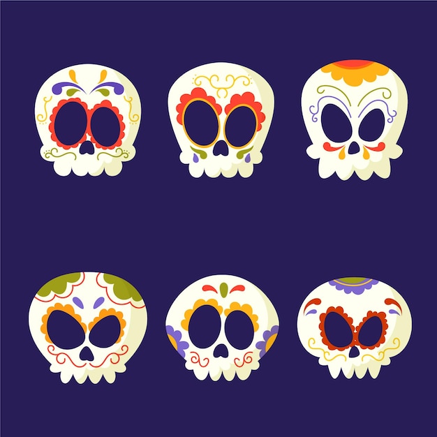 Free vector hand drawn flat dia de muertos skulls collection