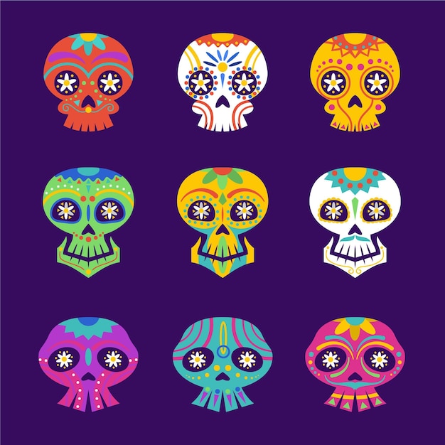 Free Vector hand drawn flat dia de muertos skulls collection