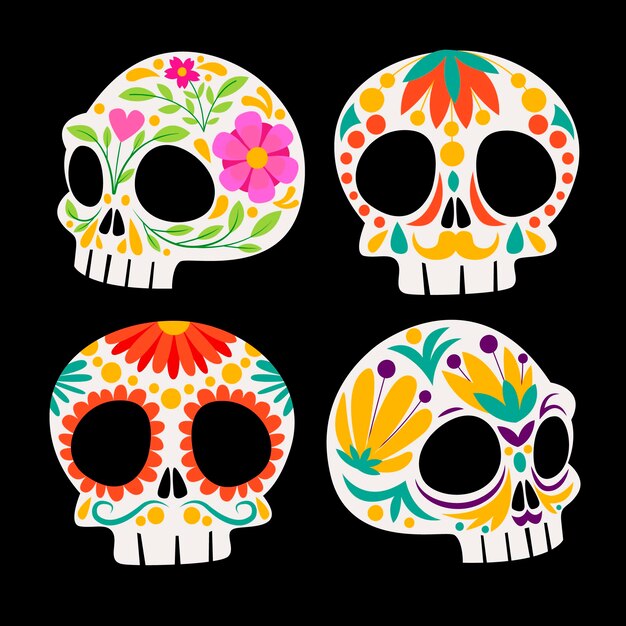 Hand drawn flat dia de muertos skulls collection