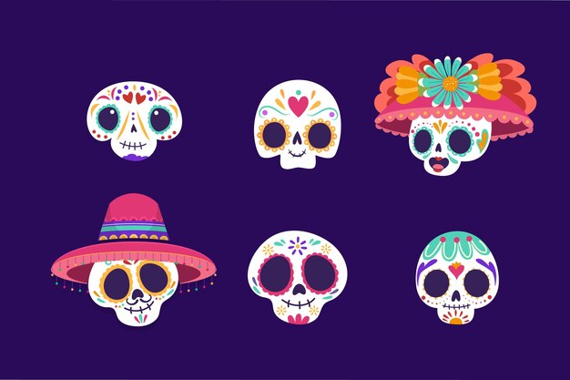 Hand drawn flat dia de muertos skulls collection