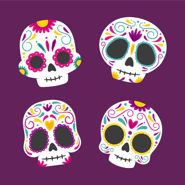 Hand drawn flat dia de muertos skulls collection