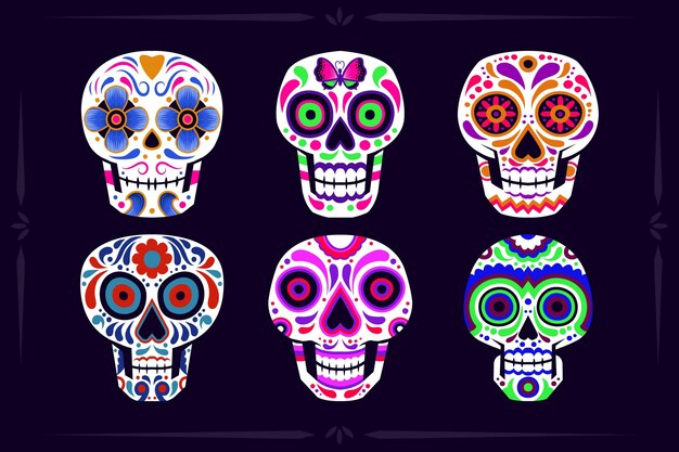 Free Vector hand drawn flat dia de muertos skulls collection