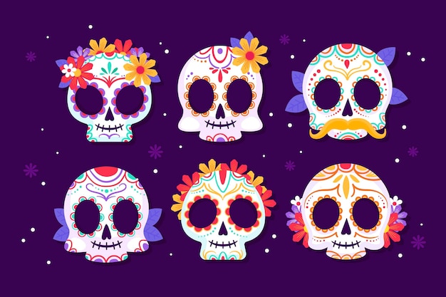 Free Vector hand drawn flat dia de muertos skulls collection