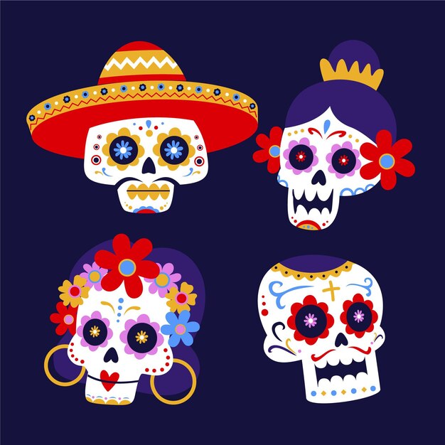 Hand drawn flat dia de muertos skulls collection