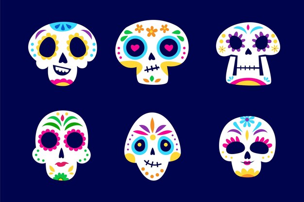 Hand drawn flat dia de muertos skulls collection