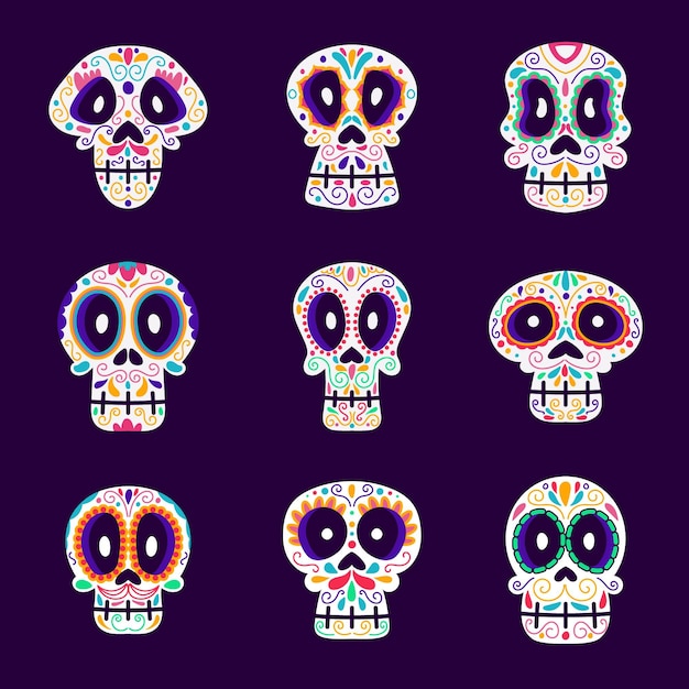 Hand drawn flat dia de muertos skulls collection