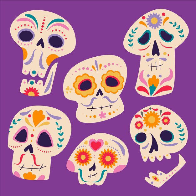 Hand drawn flat dia de muertos skulls collection