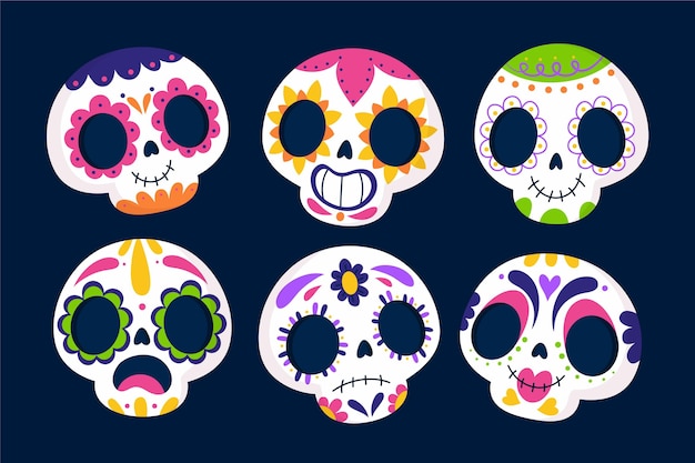 Hand drawn flat dia de muertos skulls collection