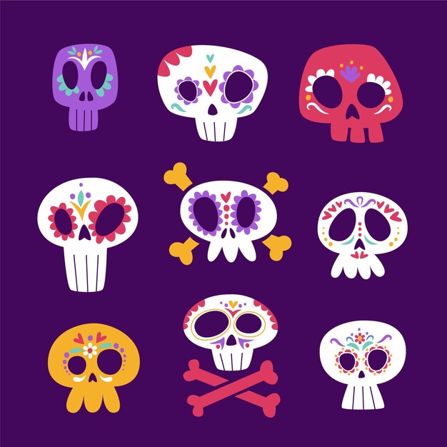 Hand drawn flat dia de muertos skulls collection