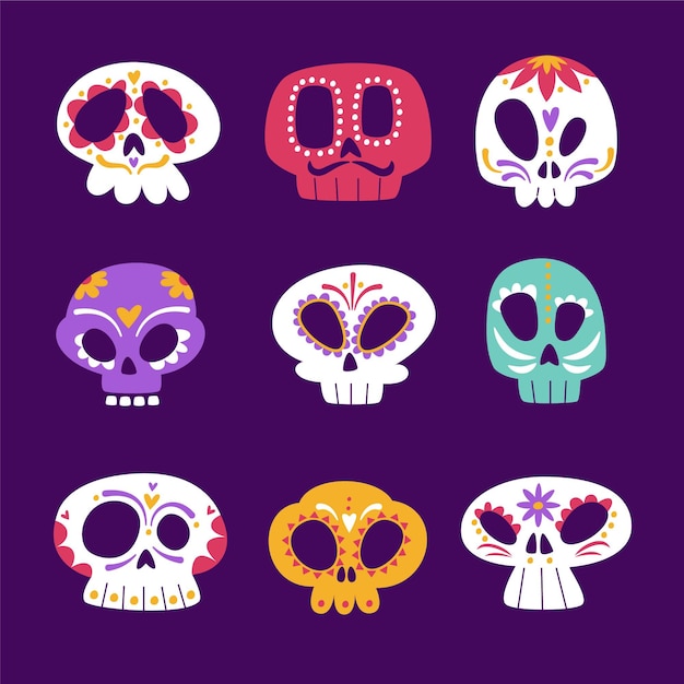 Hand drawn flat dia de muertos skulls collection