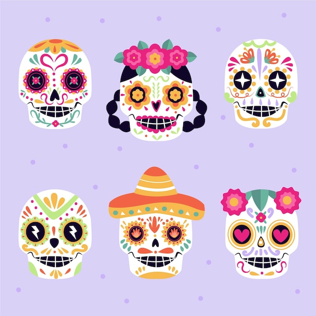 Hand drawn flat dia de muertos skulls collection