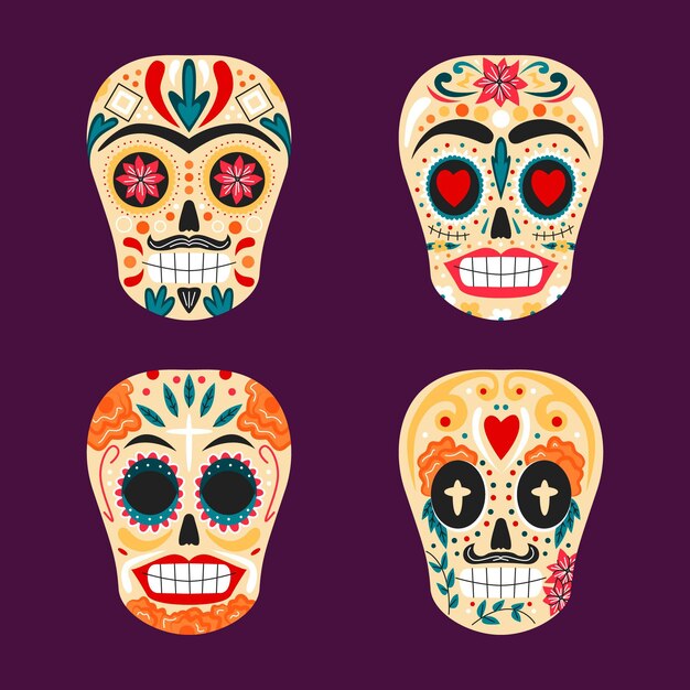 Hand drawn flat dia de muertos skulls collection