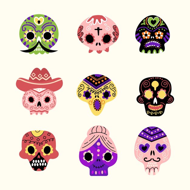 Hand drawn flat dia de muertos skulls collection