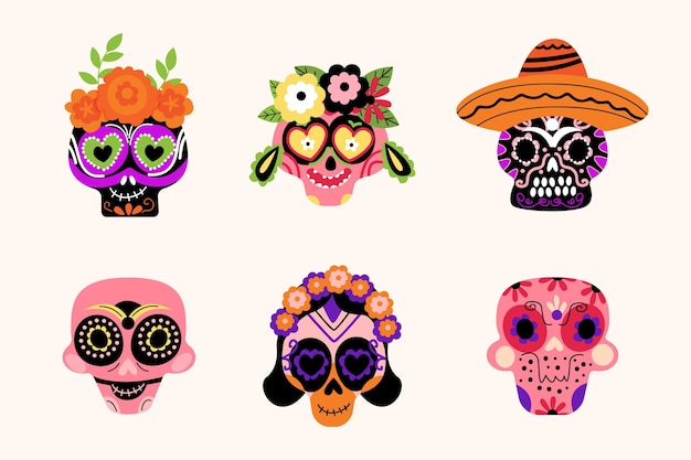 Hand drawn flat dia de muertos skulls collection