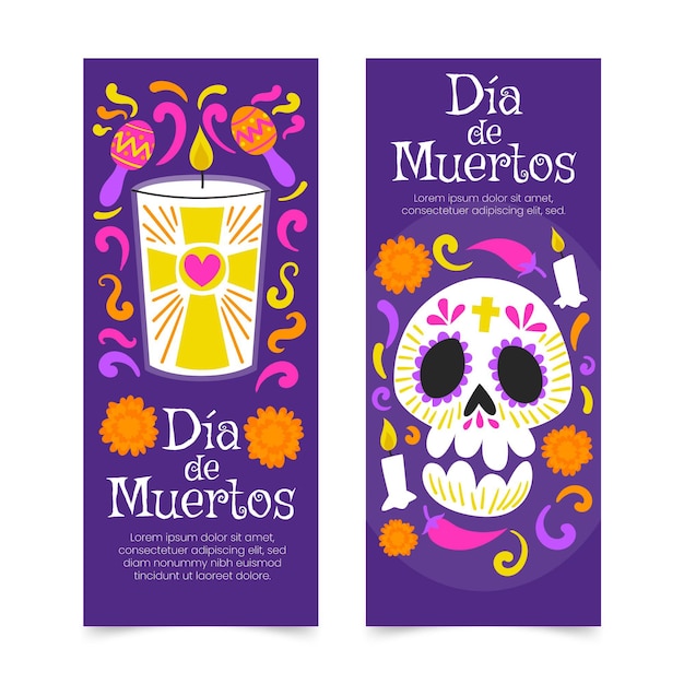 Hand drawn flat dia de muertos vertical banners set