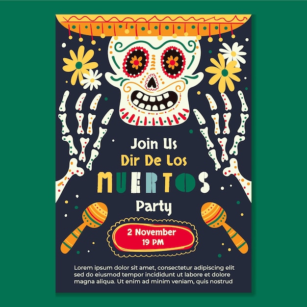 Hand drawn flat dia de muertos vertical flyer template