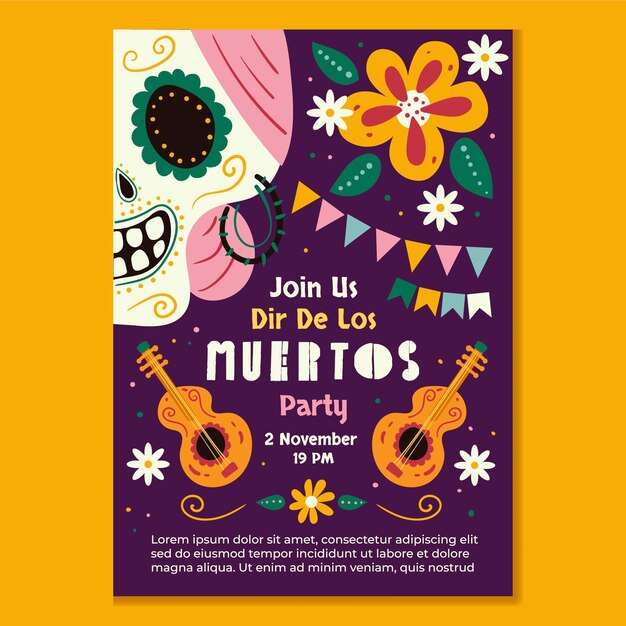 Hand drawn flat dia de muertos vertical flyer template