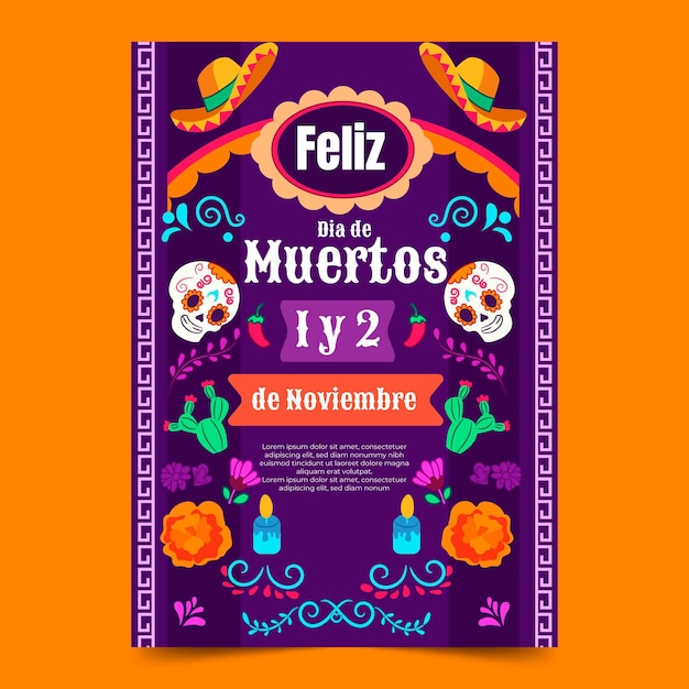 Hand drawn flat dia de muertos vertical flyer template