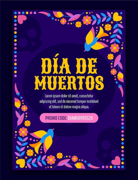 Free vector hand drawn flat dia de muertos vertical flyer template