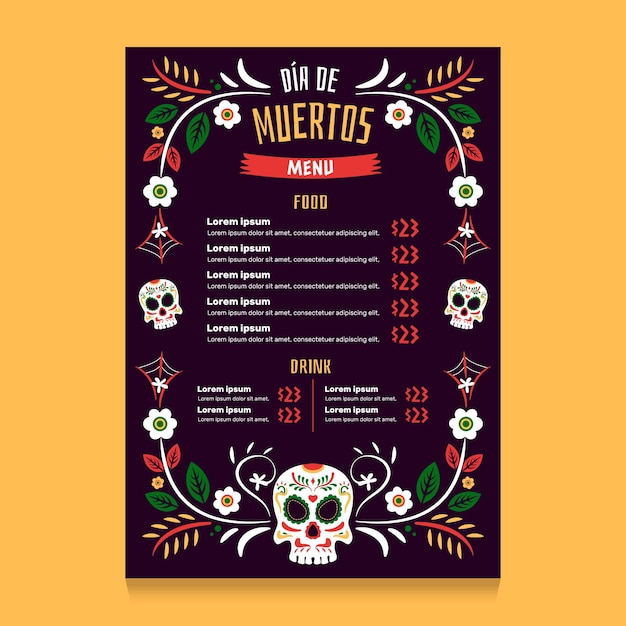 Hand drawn flat dia de muertos vertical menu template