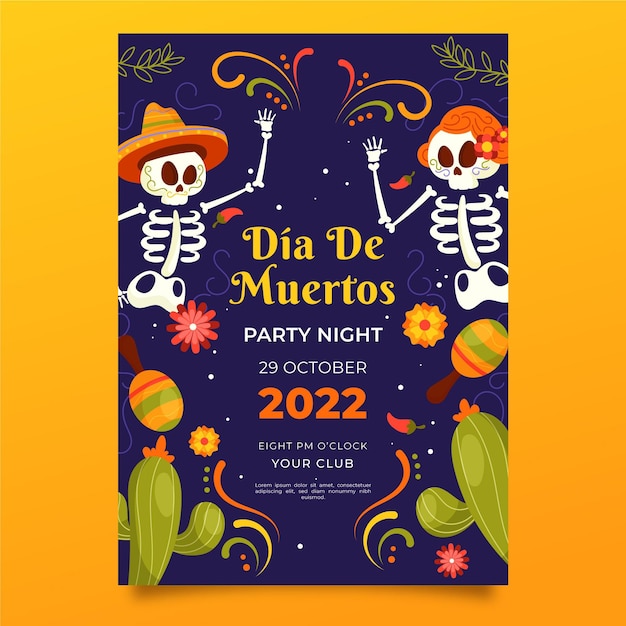 Hand drawn flat dia de muertos vertical poster template