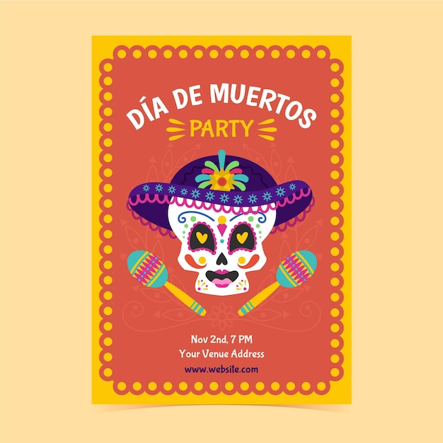 Hand drawn flat dia de muertos vertical poster template