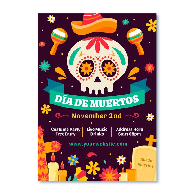 Hand drawn flat dia de muertos vertical poster template