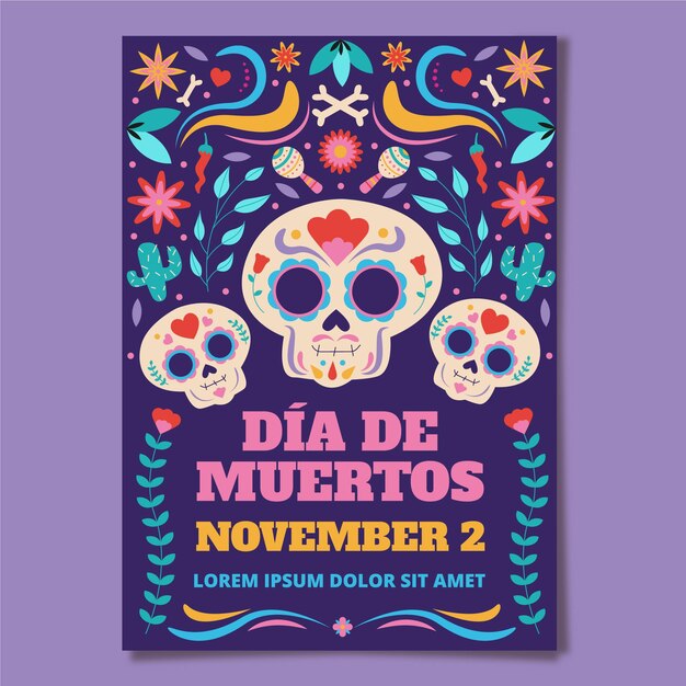 Hand drawn flat dia de muertos vertical poster template