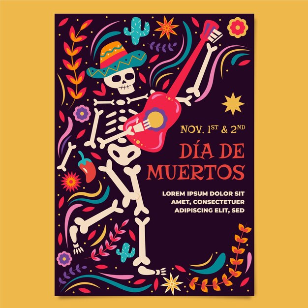 Hand drawn flat dia de muertos vertical poster template