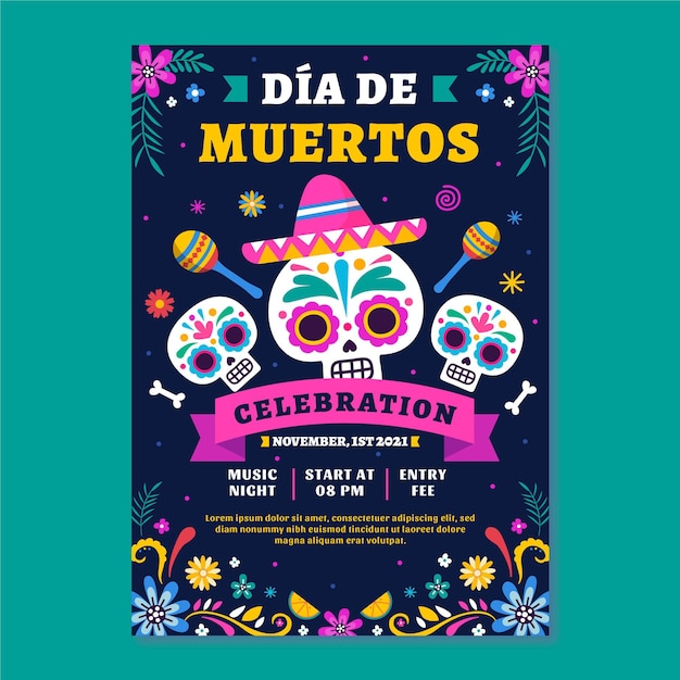 Hand drawn flat dia de muertos vertical poster template