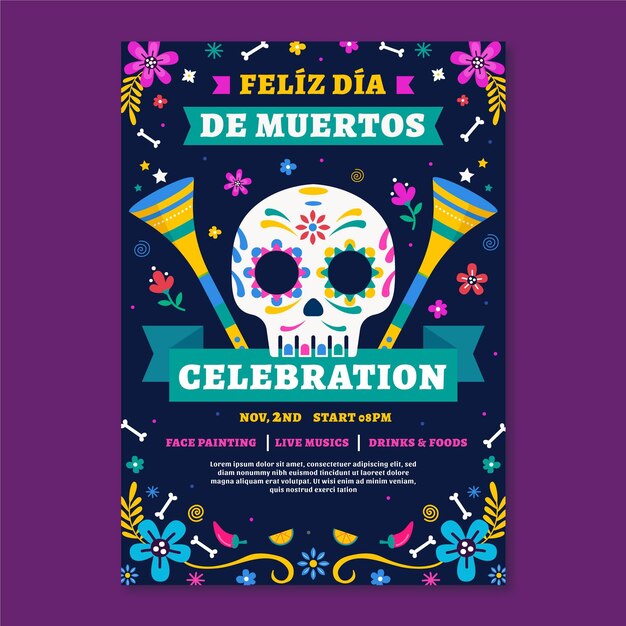 Hand drawn flat dia de muertos vertical poster template