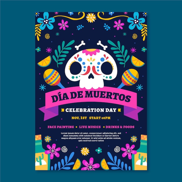 Hand drawn flat dia de muertos vertical poster template