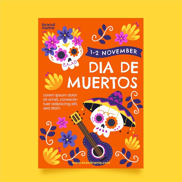 Hand drawn flat dia de muertos vertical poster template