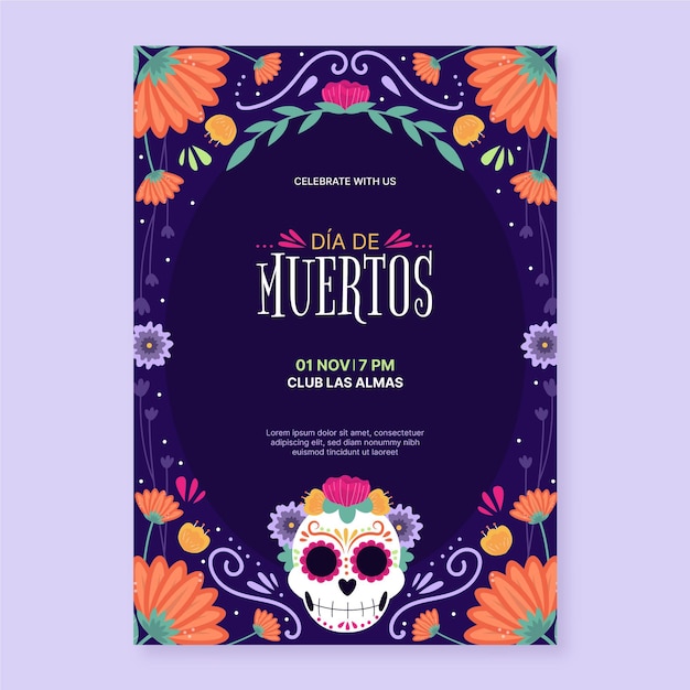 Hand drawn flat dia de muertos vertical poster template