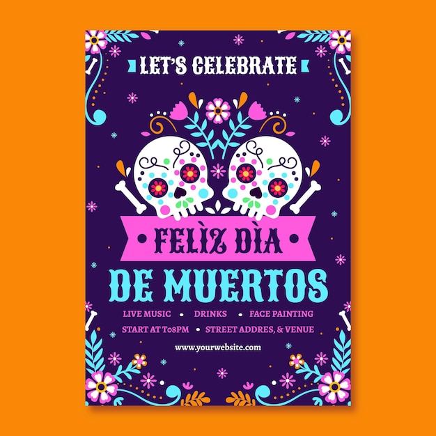 Hand drawn flat dia de muertos vertical poster template