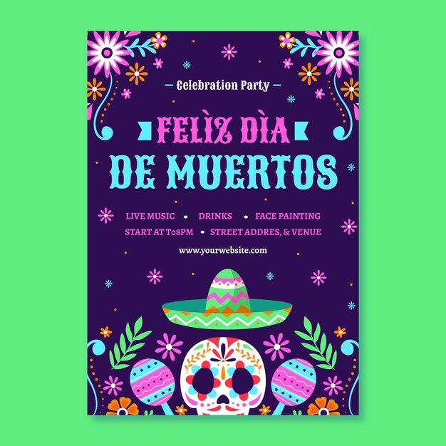 Hand drawn flat dia de muertos vertical poster template