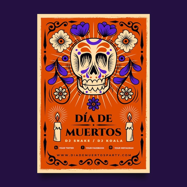 Free vector hand drawn flat dia de muertos vertical poster template