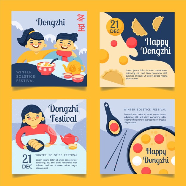 Free Vector hand drawn flat dongzhi festival instagram posts collection