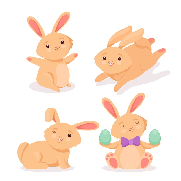 Hand drawn flat easter bunny collection