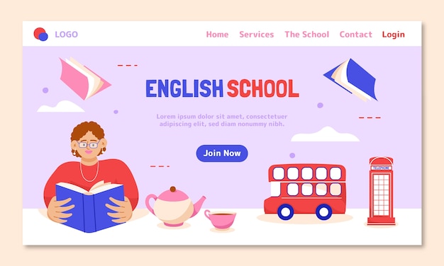 Hand drawn flat english school landing page