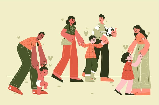 Hand drawn flat family scenes collection