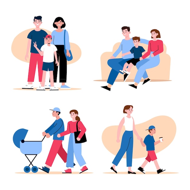 Hand drawn flat family scenes