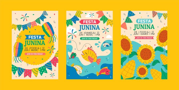 Hand drawn flat festas juninas cards