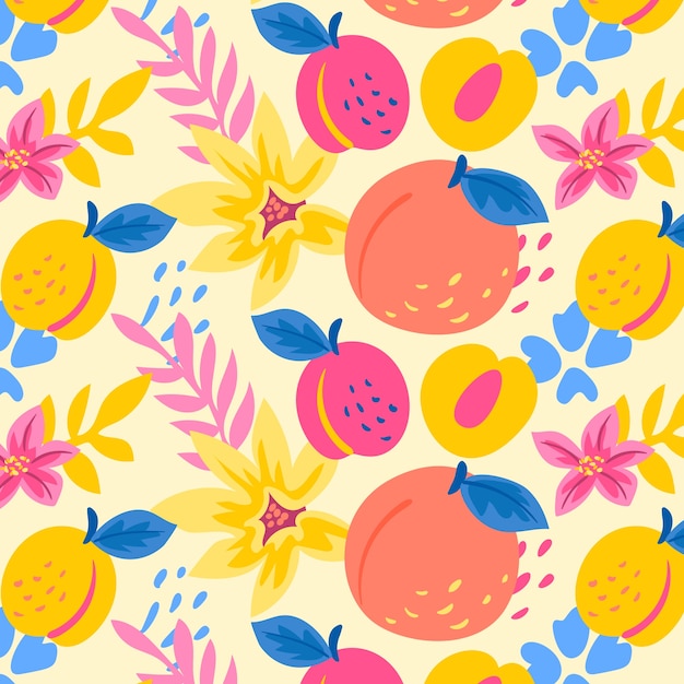 Hand drawn flat fruit and floral pattern