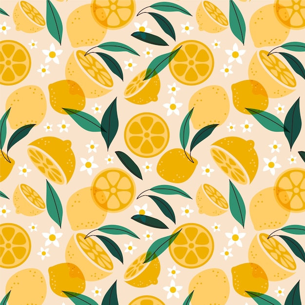 Hand drawn flat fruit and floral pattern