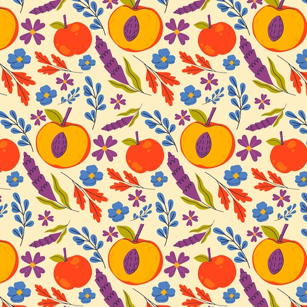 Hand drawn flat fruit and floral pattern