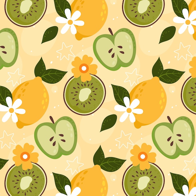 Hand drawn flat fruit and floral pattern