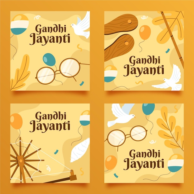 Free Vector hand drawn flat gandhi jayanti instagram posts collection